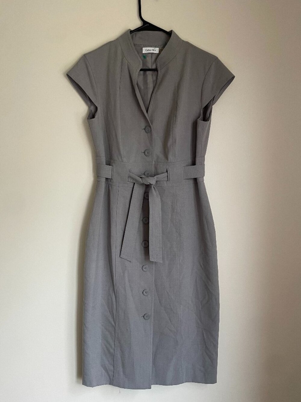 Calvin Klein Grey Belted Sheath Dress Cap Sleeve Size 10